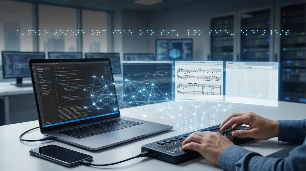 Imagem em ambiente tecnológico moderno, semelhante a um laboratório ou data center, com servidores desfocados ao fundo. Sobre uma mesa, há um notebook aberto exibindo código de programação na tela, ao lado de um smartphone conectado por cabo. À frente do notebook, uma pessoa utiliza um display braille eletrônico com as duas mãos. Ao fundo, outras visualizações simulando monitores mostram fórmulas matemáticas, partituras musicais e interfaces digitais. Entre as telas, há elementos gráficos luminosos que simulam conexões de dados e pontos em braille.