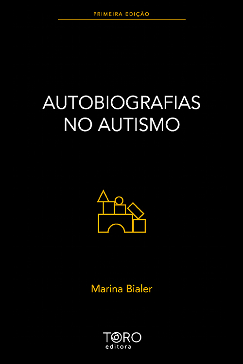 Capa com elementos em amarelo: texto (Primeira edição e nome da autora) e ilustração minimalista de brinquedo de encaixe de madeira. Elementos branco: texto (nome do livro e da editora). A capa do livro é preta